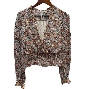 Anthropologie Paisley Floral Smocked Waist V-Neck Cropped Blouse Small
